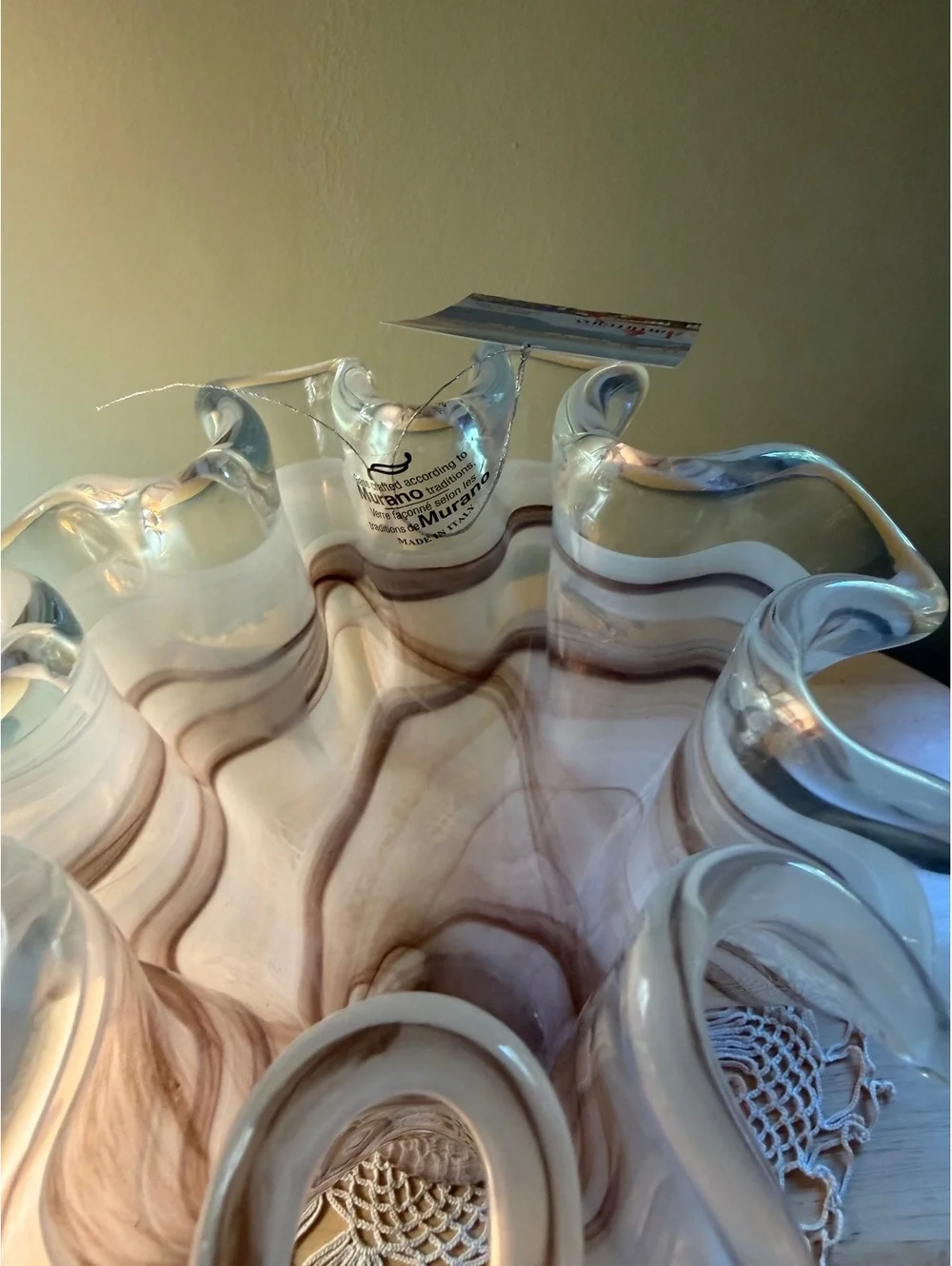 Tammaro Home Italian Art Glass Vase with Ruffled Edge and Brown Swirl Design